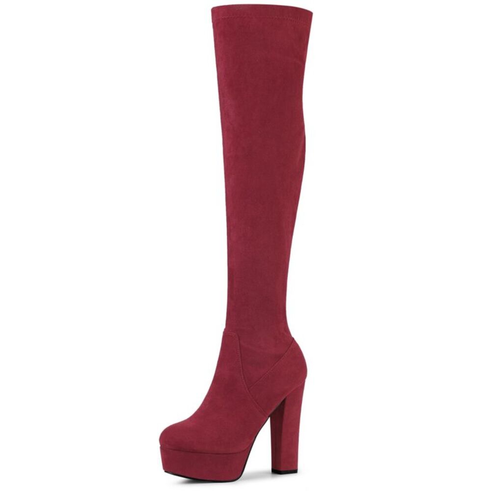 Platform Chunky Heel Over the Knee Thigh High Boots Burgundy